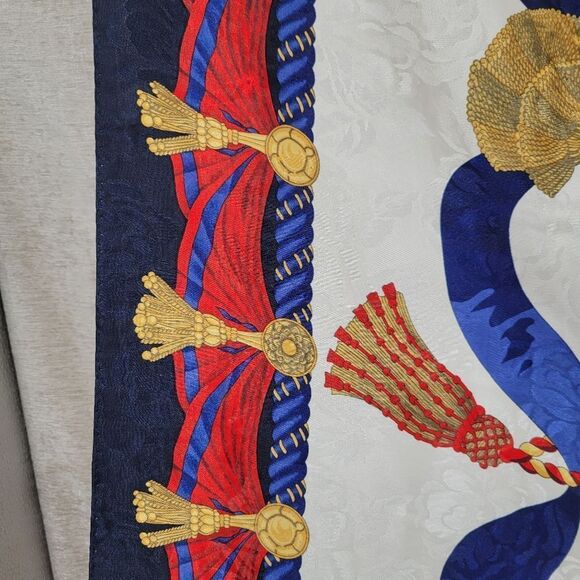 Liz Claiborne Satin Jacquard Nautical Tassel Motif Navy Blue and Red Scarf 80's - Picture 8 of 10
